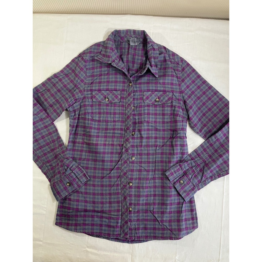 Eddie Bauer Women XS Gray Purple Plaid Classic Fit 100% Cotton Button Down Shirt